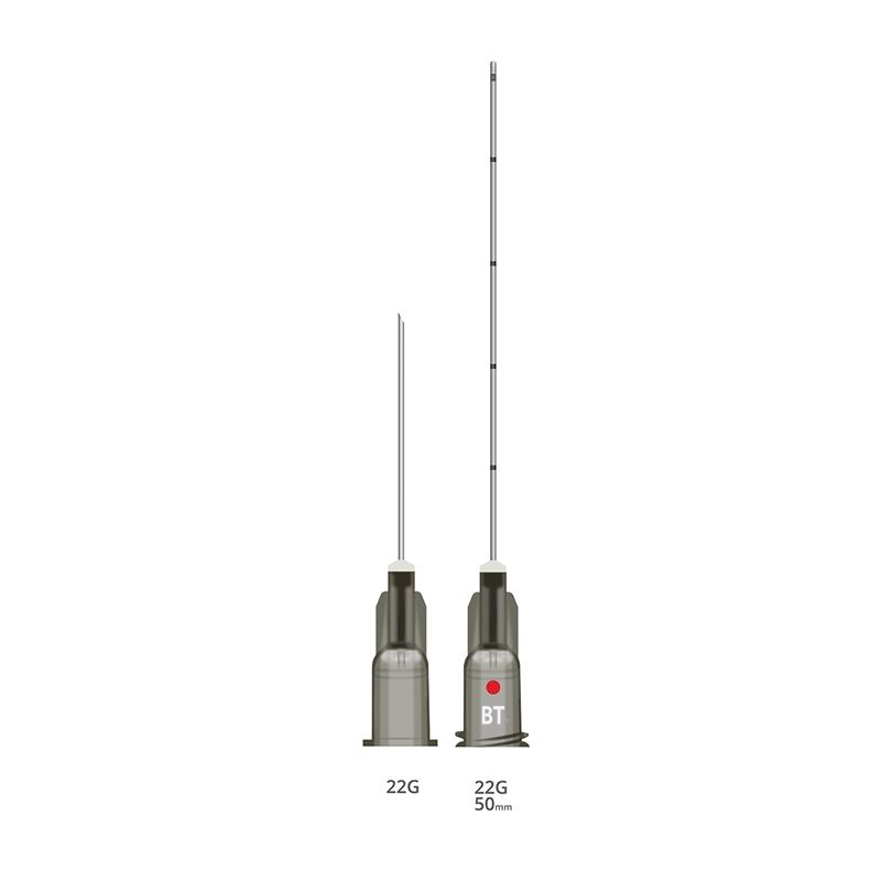 A 22G introducer needle beside a 22G 50mm microcannula, shown on a plain white background. The microcannula has centimeter markings along its length and a red orientation dot on its hub.